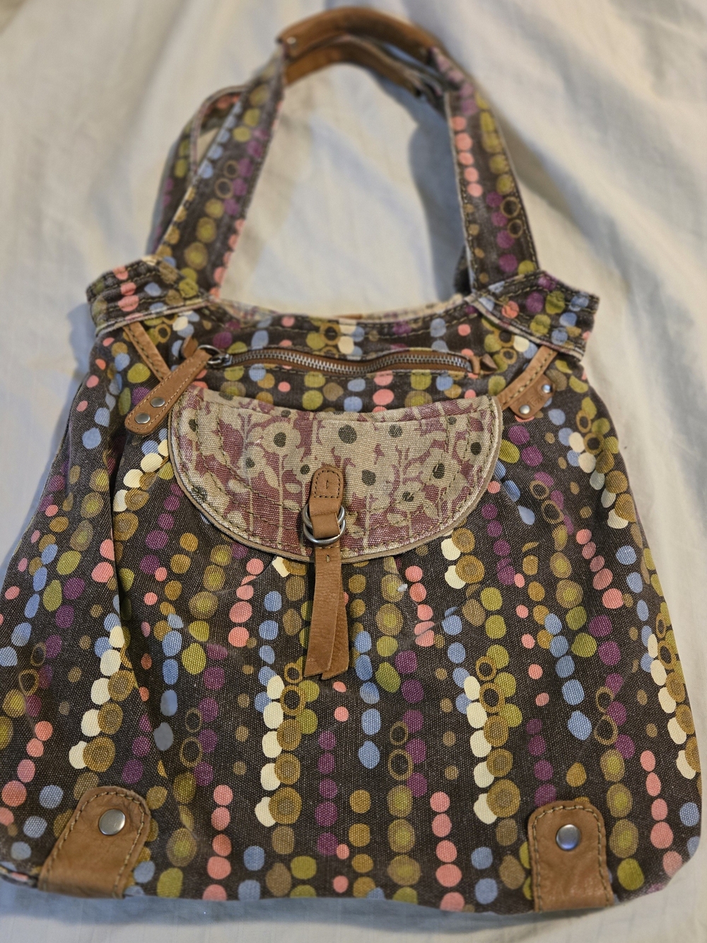 Fossil Patterned Multicolor Canvas Boho Hippe Bag with Faux-Leather Trim